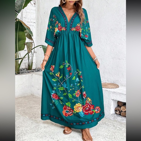 Accessories | Boho Floral Print Batwing Sleeve Tie Back Maxi Dress ...